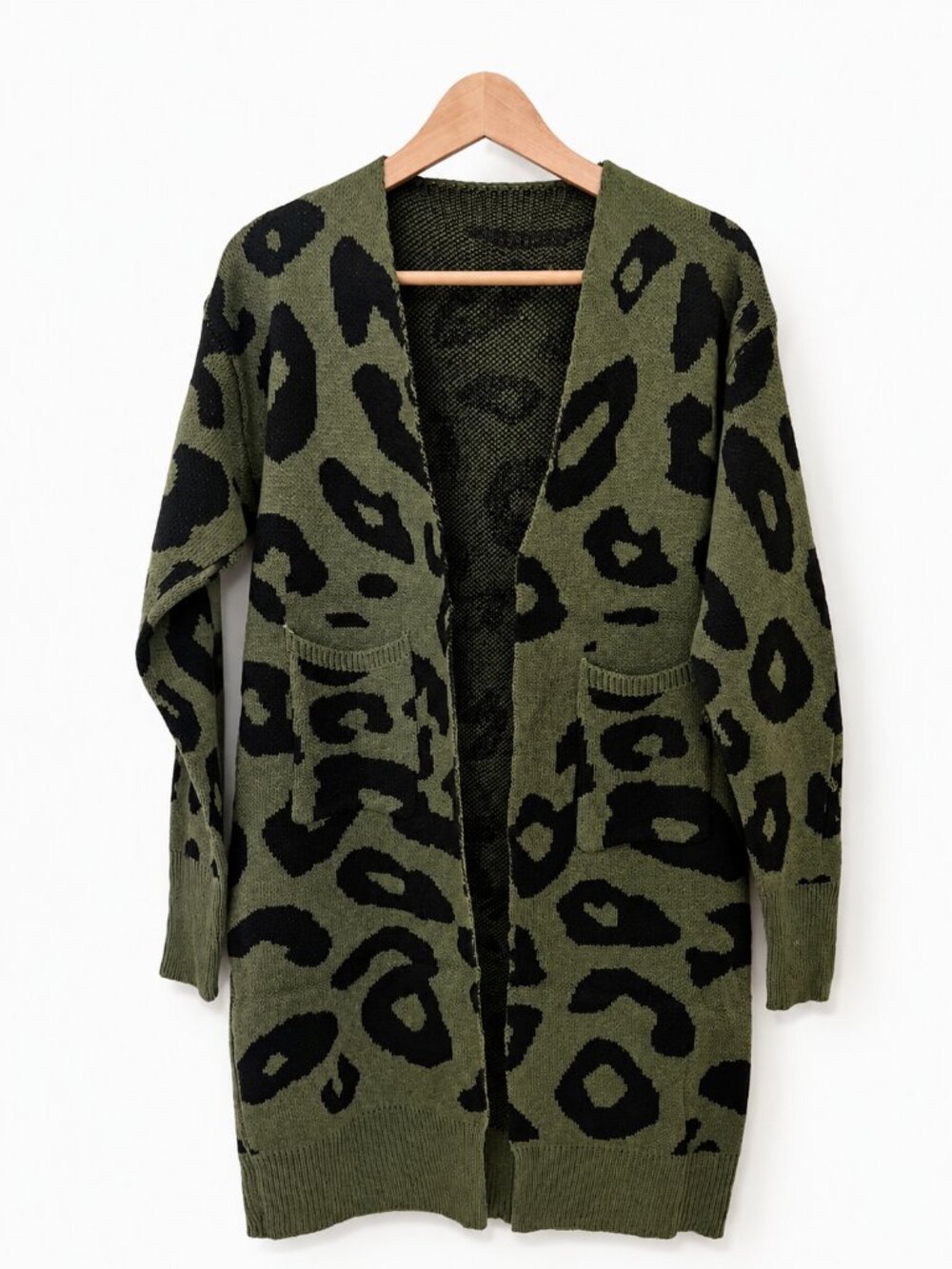 Olive Green Leopard Print Open Front Knit Cardigan Sweater with Pockets